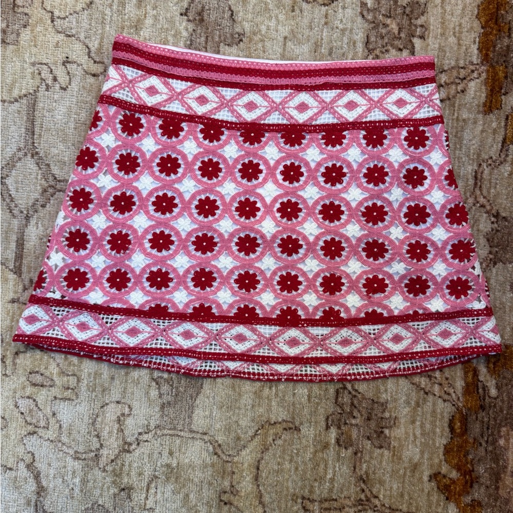 Chelsea & Violet Pink, White, and Red Crochet Patterned Mini Skirt